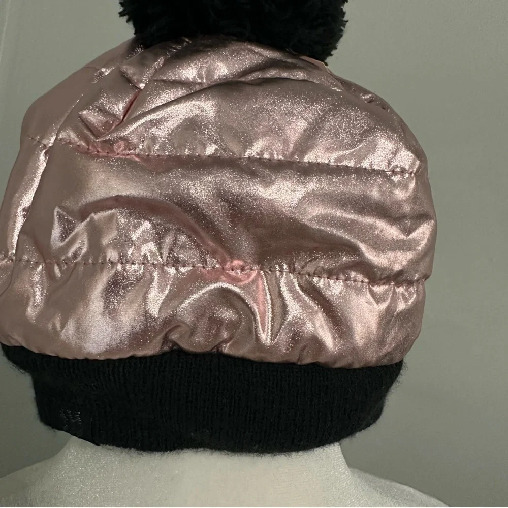 NEW! All in Motion Girl’s Pink and Black Pom-Pom Beanie, Metallic, Girlie, OSFM